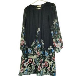 Floral Dress Kate Kasin Black Multicolor Print Sheer Overlay Knee Length S‎
